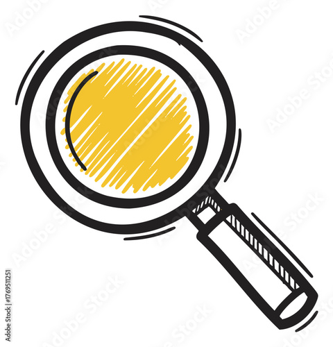Sketched magnifying glass with a yellow scribbled lens and a simple black handle, emphasizing search and investigation themes.