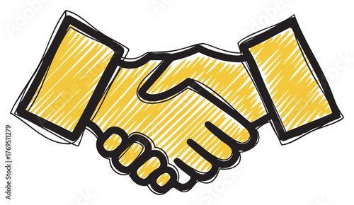 Stylized sketch of a handshake with yellow shading and bold black outlines symbolizing agreement and partnership.