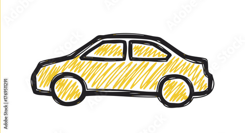 Hand-drawn sketch of a yellow car with black outlines, showcasing a side view of a compact vehicle on a white background.