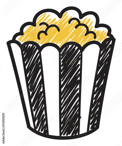 Hand-drawn style vector illustration of popcorn in a striped box, showcasing a simple and artistic design for snack and movie themes.