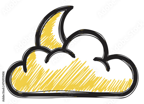 Black and yellow sketch-style icon of a cloud with a crescent moon partially obscured, representing nighttime or weather concepts.