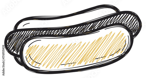 Simple black outline drawing of a hot dog, featuring a bun with visible shading and texture details.