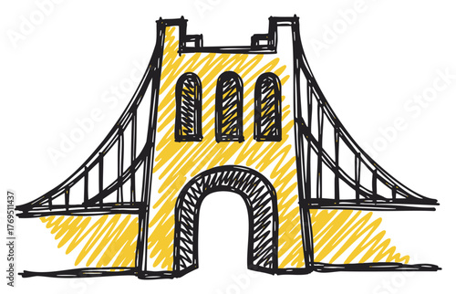 Hand-drawn sketch of a stylized suspension bridge with prominent arches and yellow shaded sections, represented in a simple, artistic design.