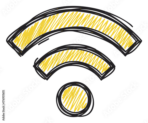 Hand-drawn sketched wifi symbol with yellow highlights, depicting three curved lines above a circular base, representing wireless connectivity.