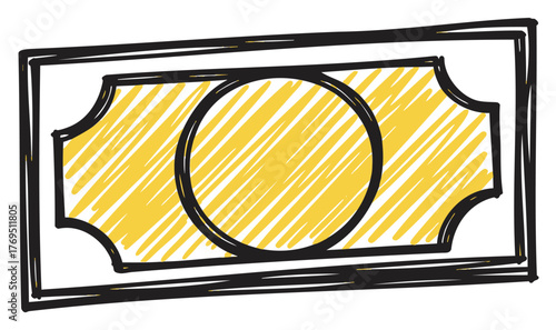 Hand-drawn sketch of a rectangular banknote with a central circle, featuring yellow crosshatch shading and bold black outlines.