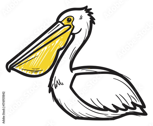 Simplistic black outline of a pelican with yellow accents, featuring prominent beak and detailed feathers.