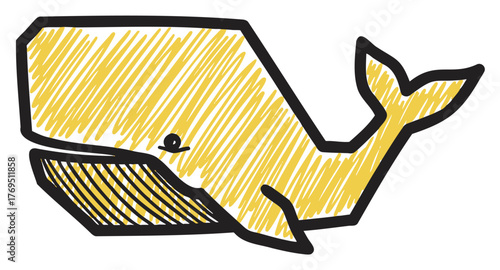Hand-drawn cartoon of a large yellow whale with a simple black outline, showcasing its tail and mouth in a playful manner.