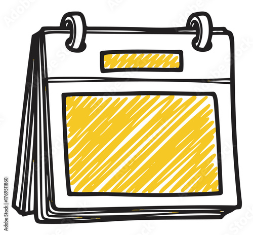 Hand-drawn sketch of a desktop calendar with spiral binding and a yellow highlighted area on the front page.