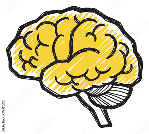 Colorful hand-drawn illustration of a stylized brain with bold yellow scribbles and black outlines, showcasing artistic creativity and abstract thinking.