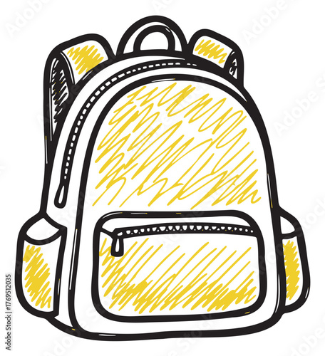 Hand-drawn sketch of a backpack with a front pocket and side pouches, featuring yellow shaded accents for a dynamic, playful appearance.