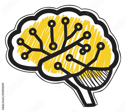Simple line-drawn brain icon with yellow scribbles and black circuit connections, symbolizing technology and creativity.