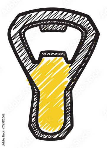 Black outline sketch of a bottle opener with a yellow accent, illustrating a minimalist design for kitchen and beverage concepts.