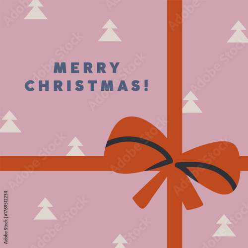 Merry Christmas greeting post card design. Festive square background, gift wrapping pattern, ribbon bow decoration. Winter holiday present decor, Xmas typography, postcard. Flat vector illustration.