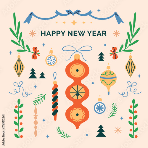 Happy New Year post card design with festive baubles, ornaments and greeting ...