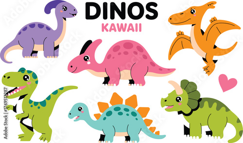 Illustration of seven colorful cartoon dinosaurs on a white background