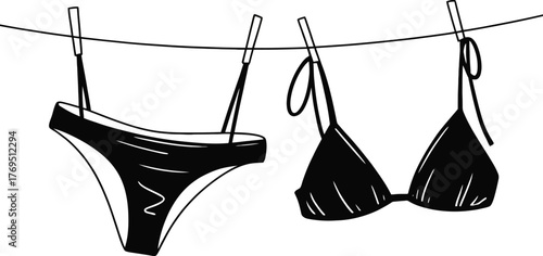 Black swimsuit hanging on a clothesline with clothespins illustration