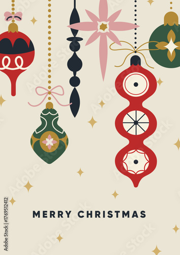 Merry Christmas card design with Xmas baubles, ornaments. Festive New Year poster, winter holiday postcard with greeting typography, seasonal decoration in retro style. Flat vector illustration.