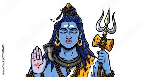 Illustration of Hindu God Shiva with blue skin, crescent moon, cobra, trident, and tiger skin, blessing with open hand.