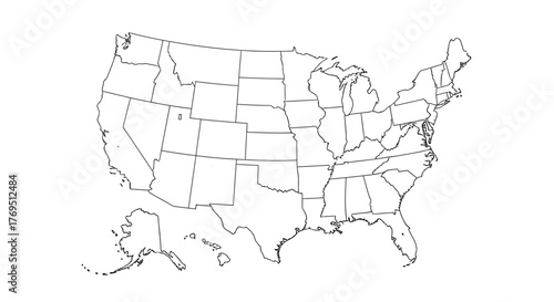 Outline map of the United States of America showing state borders on a white background.