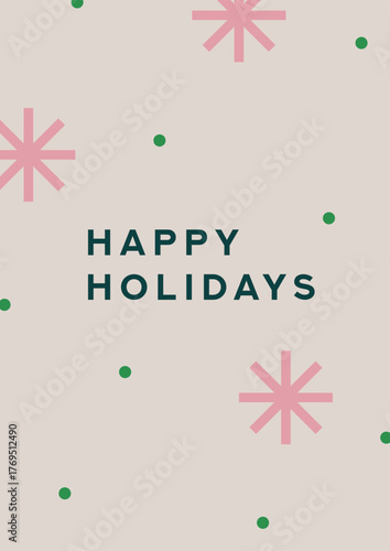 Happy New Year and Merry Christmas, winter holiday card design. Festive greeting poster with snow pattern, snowflakes, abstract background with typography in modern style. Flat vector illustration.