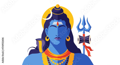 Illustration of Hindu deity Shiva with blue skin, crescent moon, trident, and damaru drum against a white background.