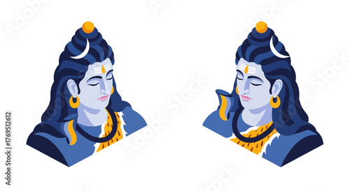 Two identical illustrations of the Hindu god Shiva with blue skin, crescent moon in hair, and closed eyes in a meditative pose.