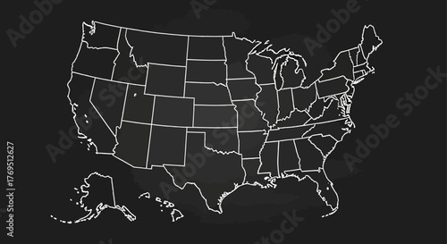 Outline map of the United States of America with state borders on a dark background.