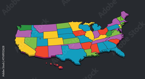 Colorful 3D map of the United States of America with each state represented in a different vibrant color.