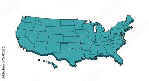 A teal-colored, 3D-rendered map of the United States of America, casting a shadow on a white background.