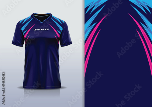 T-shirt mockup with abstract curve lines sport jersey design for football, soccer, racing, esports, running, in blue pink navy color