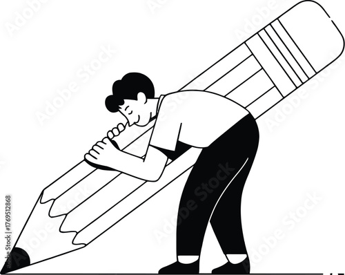 A man drawing a line with a giant yellow pencil with pink eraser tip