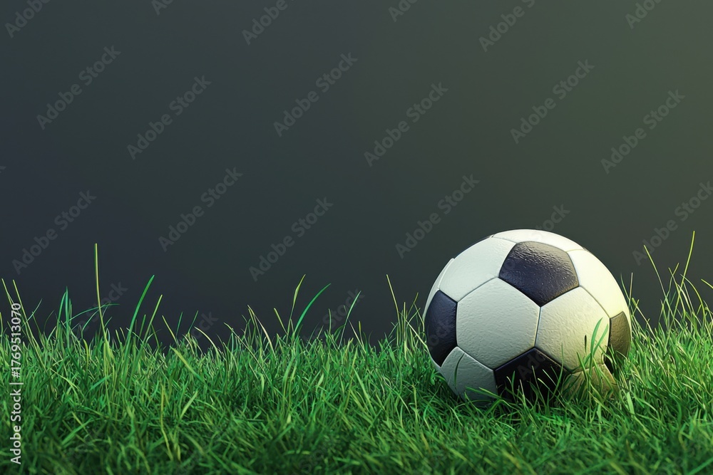 Fototapeta premium Soccer ball resting on vibrant green grass in a quiet outdoor setting, copy space