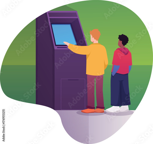 A queue at an ATM indoors with a green wall, isolated round frame.