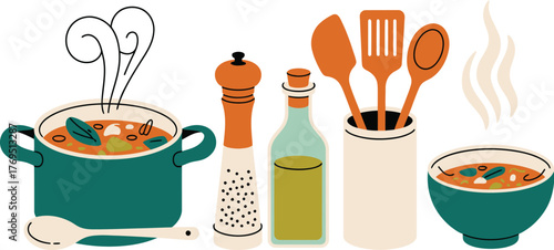 Illustration of kitchenware with soup pot and bowl on light blue