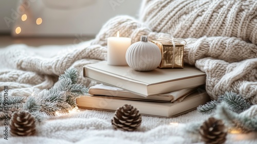 Soft wool yarn with knitting needles resting beside spa towels and candles