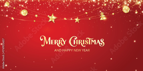 Red Christmas background with golden lettering and sparkling garland decoration. Glittering ornaments, stars and glowing lights. Magical festive holiday design. Vector illustration.