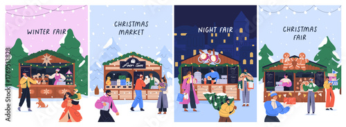 Christmas card designs set. Greeting winter holiday seasonal posters. People at market fair, advent shopping, vertical backgrounds. Festive postcards with street booths. Flat vector illustrations.