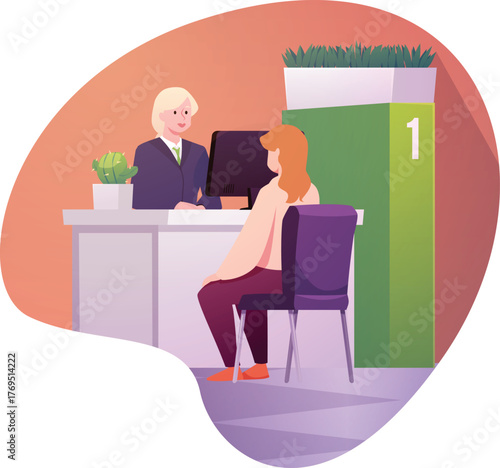 Isolated illustration of a bank interior with a teller and a customer.