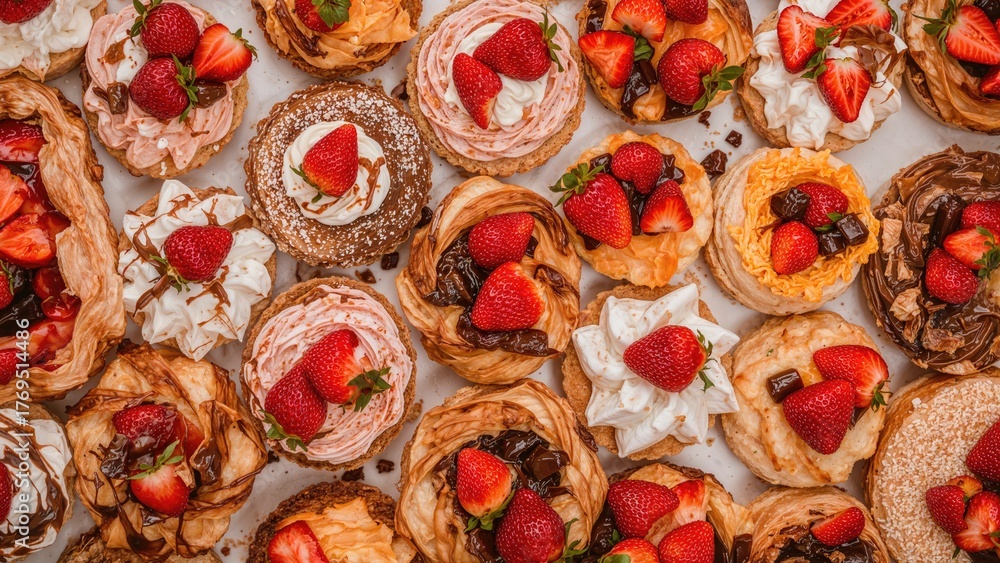 Fototapeta premium Abstract image of sweet pastries, background, side view from above showcasing beautiful delicious fillings, bright colorful pastry cakes, sweets with fresh strawberries and fudge.