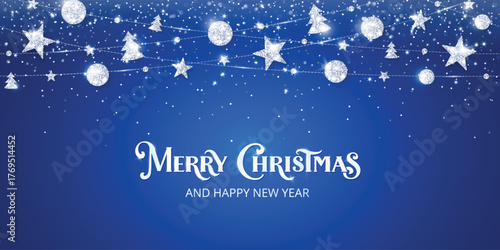 Blue Christmas background with silver lettering, glowing confetti and diamond ornaments. Magical winter night frame with snowflakes and glitter lights for festive holiday greeting design. Vector.