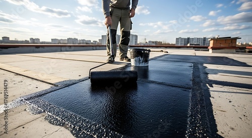 Man applying sealant with roller on flat roof surface with buildings in the background on a sunny day