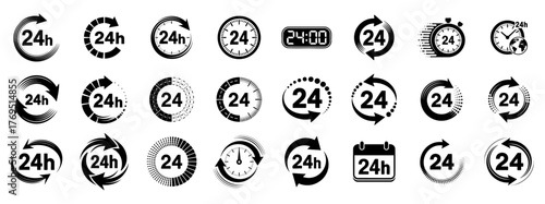 24 hours service icon set with clock, arrow and calendar symbols, black vector illustrations 