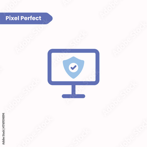 Minimalist monitor icon with shield and tick sign representing secure computer systems, antivirus protection, and safe digital environments. Perfect for IT, cybersecurity, software, and digital interf
