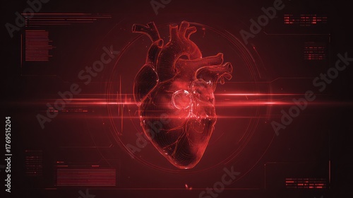 Digitally enhanced rendering of a human heart against a red background