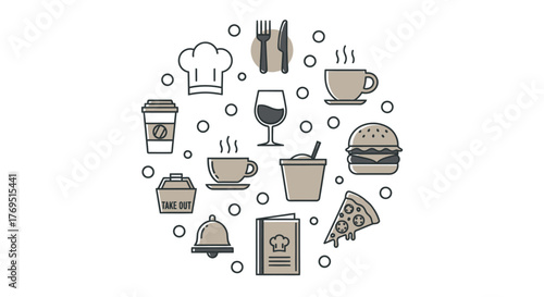 Restaurant Icons Arranged in a Circle on White Background.