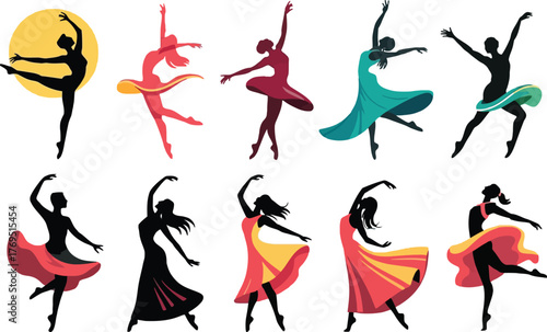 Ten ballet dancer silhouettes in various poses and colorful dresses