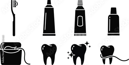 Dental care essentials toothbrush toothpaste floss and healthy teeth icon