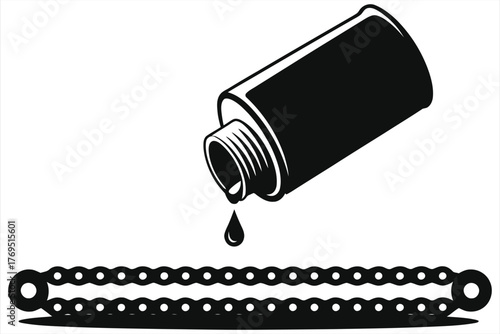 Black and White Icon: Oil Can Dripping Lubricant onto a Motorcycle Drive Chain for Maintenance and Service Concept.