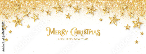Golden glitter stars and confetti on white background. Merry Christmas lettering. Shiny festive border frame for Christmas and New Year greeting banners and celebration design. Vector.