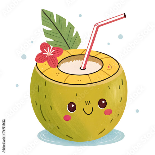 Tropical drink served in coconut with straw and umbrella in emoji style, isolated on white background,